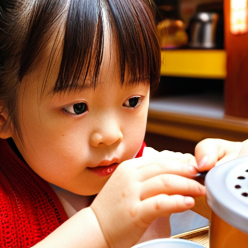**Prompt:** A close-up, warm, and inviting shot of a Japanese child, around 4-6 years old, with eyes wide and sparkling, deeply engrossed in a realistic toy café setup. The scene should highlight the intricate details of the toy, such as a miniature coffee machine producing a subtle "steam" effect and perfectly crafted toy cakes. The child's hands are actively engaged, conveying a sense of deep immersion and vivid imagination, as if a real world unfolds before them. The background is softly blurred to keep focus on the child and the play.