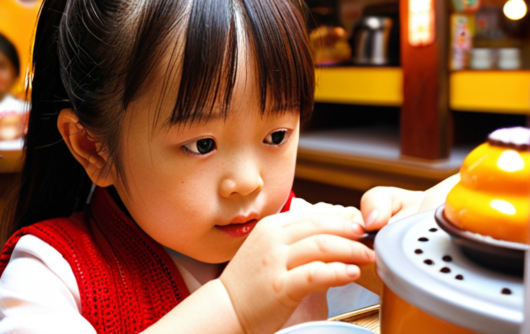**Prompt:** A close-up, warm, and inviting shot of a Japanese child, around 4-6 years old, with eyes wide and sparkling, deeply engrossed in a realistic toy café setup. The scene should highlight the intricate details of the toy, such as a miniature coffee machine producing a subtle "steam" effect and perfectly crafted toy cakes. The child's hands are actively engaged, conveying a sense of deep immersion and vivid imagination, as if a real world unfolds before them. The background is softly blurred to keep focus on the child and the play.